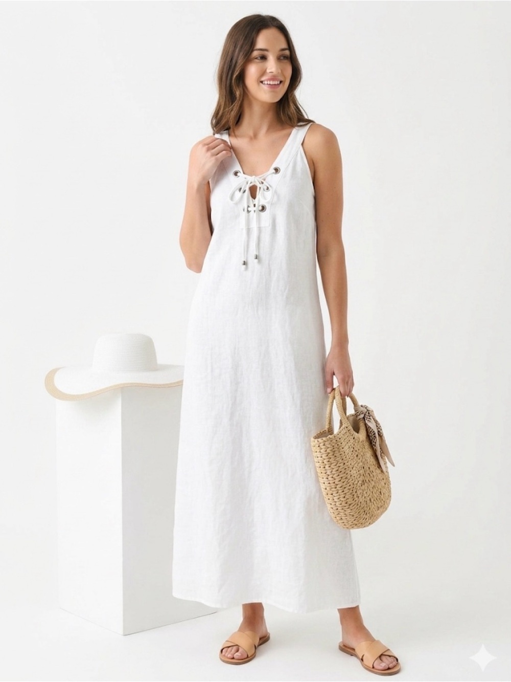 Laura Gotti 100% Linen White Maxi Dress Lace Up Front Size Small